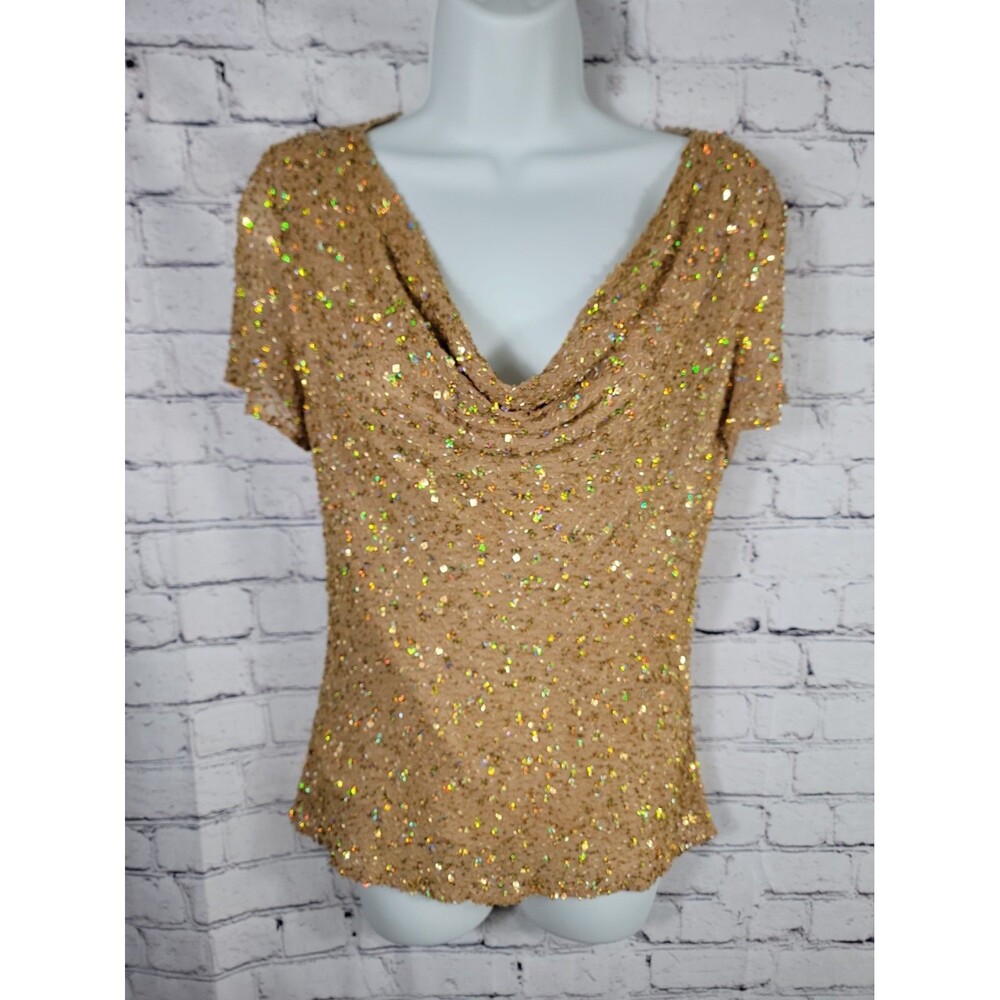 Adrianna Papell Boutique Gold Beaded Sequined Top Silk Lined Scoop Neck Med